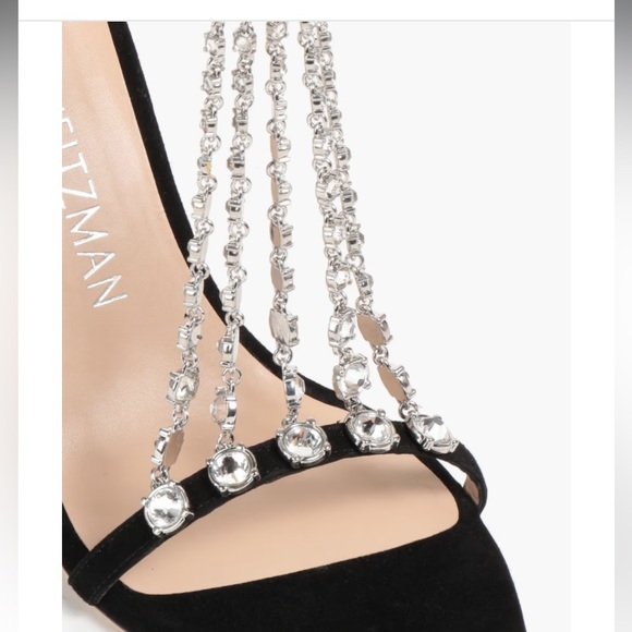 STUART WEITZMAN Stardust Black Suede Rhinestone Crystal Chain Heels Sandals - Picture 13 of 14